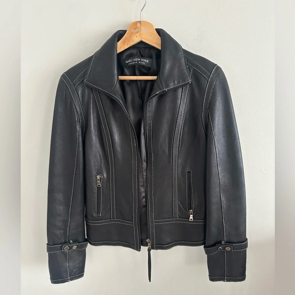 Marc New York‎ Black vintage Leather Moto Jacket Contrast Stitching size small - Picture 3 of 11